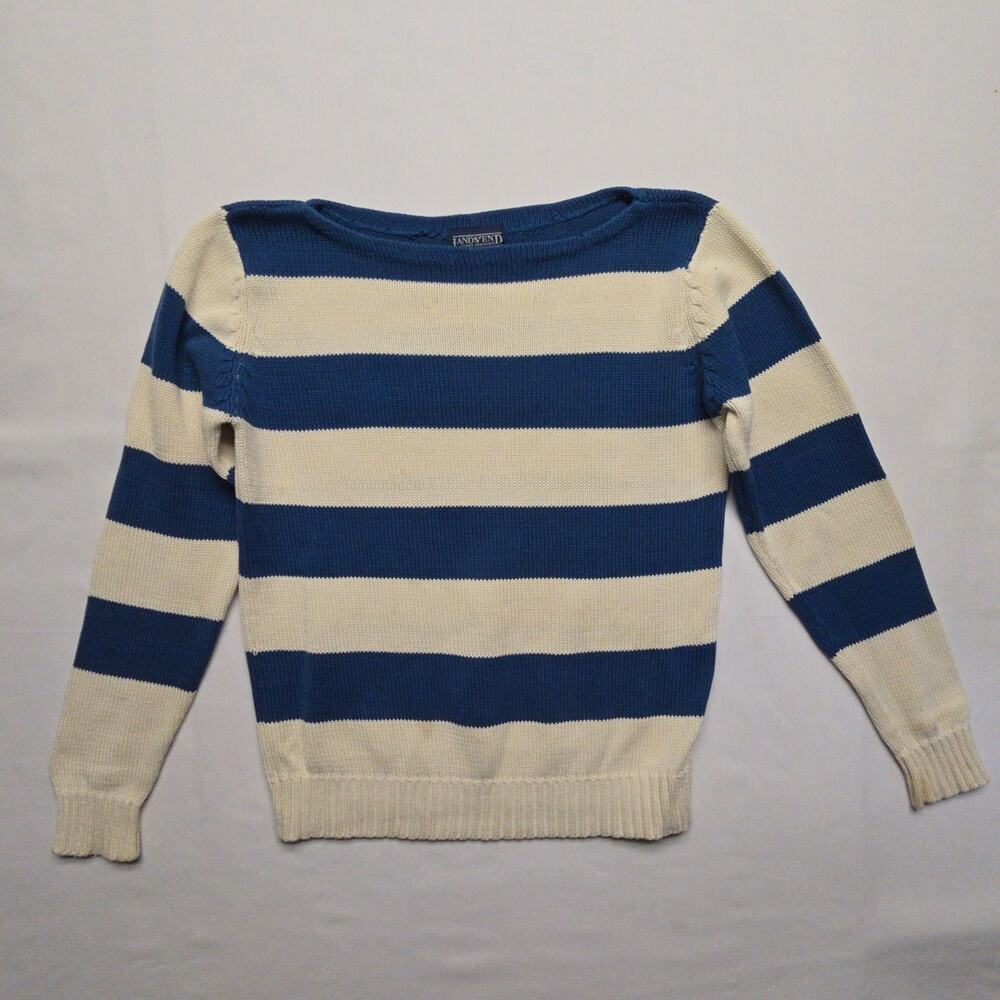 Vintage Lands' End Striped Knit Sweater Womens Blue Cream Long Sleeve Small